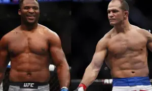 Francis Ngannou i Junior dos Santos, dwaj potężni wojownicy MMA, gotowi do walki.