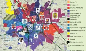 Mapa Londynu z zaznaczonymi strefami wpływów klubów piłkarskich z Londynu.