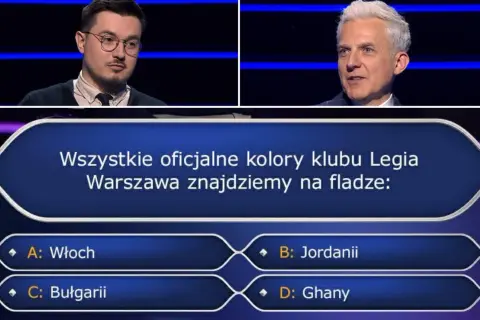Dwóch mężczyzn w studio telewizyjnym, pytanie o kolory Legii Warszawa na fladze: Włochy, Jordania, Bułgaria, Ghana.
