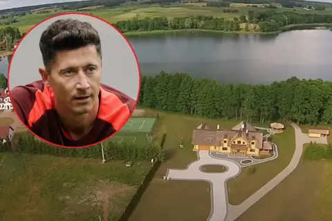 Piękny dom Lewandowskiego nad jeziorem, z kortem tenisowym i otaczającą zielenią.