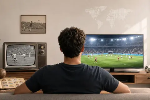 Mężczyzna ogląda mecz na nowoczesnym telewizorze, obok stoi stary telewizor z czarno-białym obrazem, symbolizującym historię mistrzostw świata w piłce nożnej.