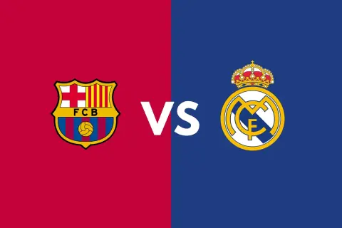 Logo FC Barcelony kontra logo Realu Madryt. Wielkie "VS" pośrodku. Kto wygra: Real czy Barca?