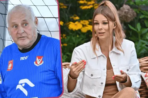 Jan Tomaszewski w niebieskiej koszulce i młoda kobieta na tle roślin.
