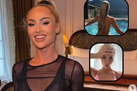 Alisha Lehmann, znana z gry w Aston Villi, w letnich stylizacjach. Uśmiechnięta piłkarka pozuje w basenie i na selfie.