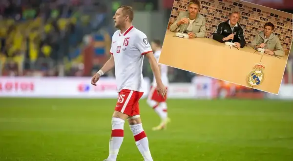 Piłkarz w białej koszulce z numerem 15, obok zdjęcie z konferencji prasowej Realu Madryt.