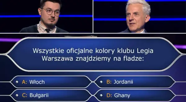 Dwóch mężczyzn w studio telewizyjnym, pytanie o kolory Legii Warszawa na fladze: Włochy, Jordania, Bułgaria, Ghana.