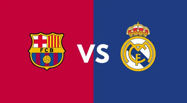 Logo FC Barcelony kontra logo Realu Madryt. Wielkie "VS" pośrodku. Kto wygra: Real czy Barca?