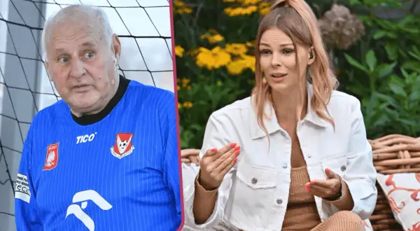 Jan Tomaszewski w niebieskiej koszulce i młoda kobieta na tle roślin.