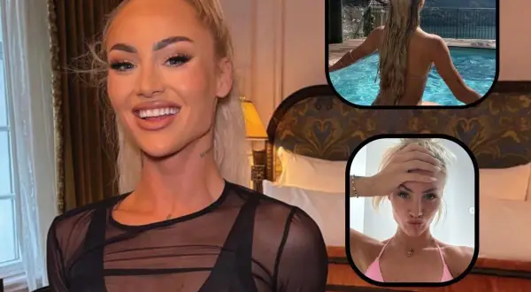 Alisha Lehmann, znana z gry w Aston Villi, w letnich stylizacjach. Uśmiechnięta piłkarka pozuje w basenie i na selfie.