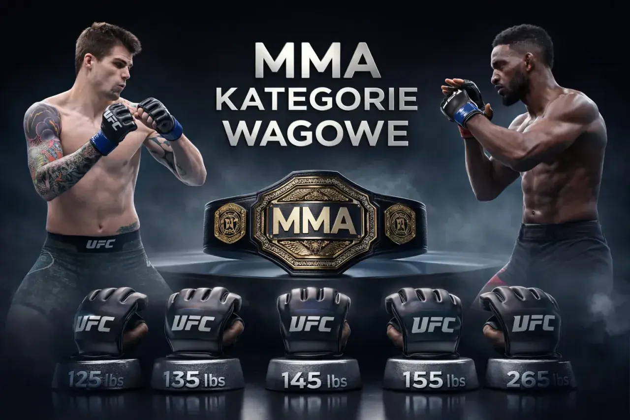 Dwóch zawodników MMA w pozycjach bojowych, pas mistrzowski i rękawice UFC z wagami, ilustrujące kategorie wagowe mma.