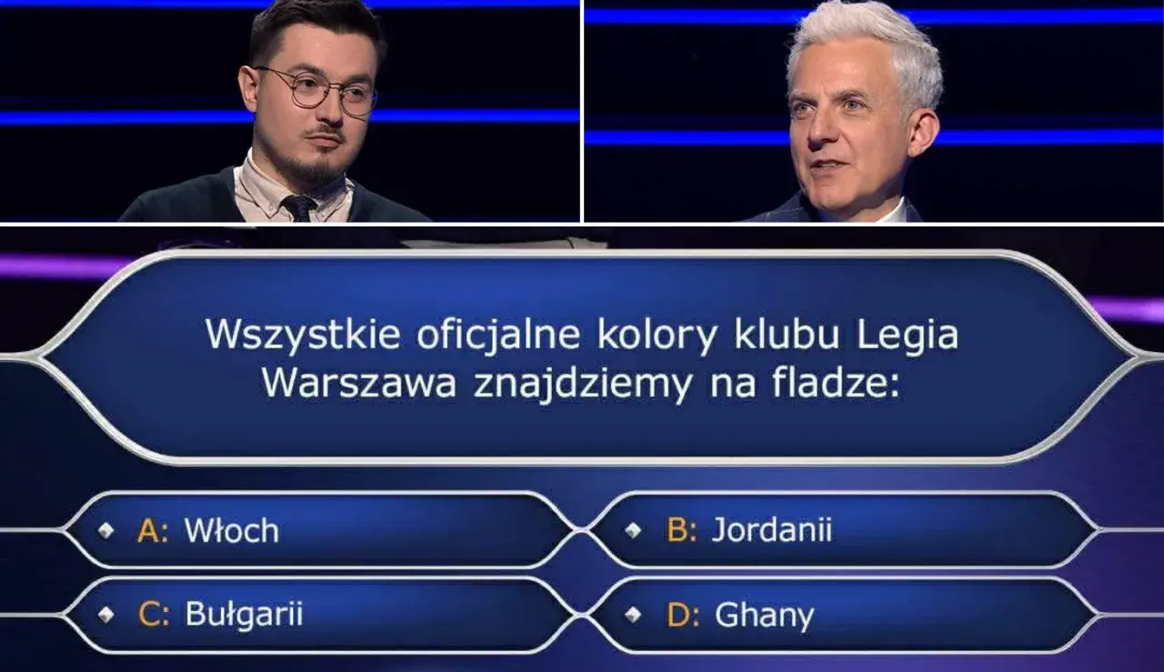 Dwóch mężczyzn w studio telewizyjnym, pytanie o kolory Legii Warszawa na fladze: Włochy, Jordania, Bułgaria, Ghana.