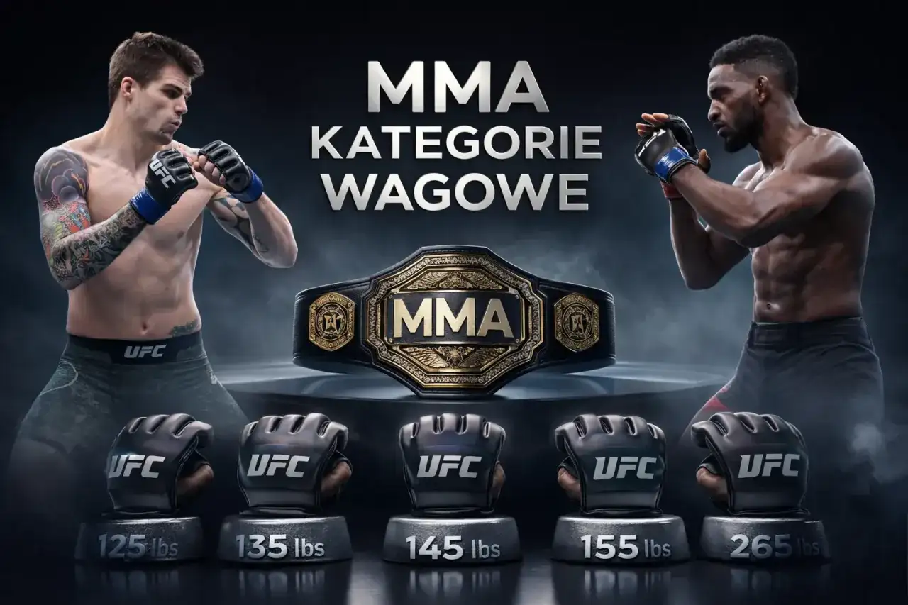 Dwóch zawodników MMA w pozycjach bojowych, pas mistrzowski i rękawice UFC z wagami, ilustrujące kategorie wagowe mma.