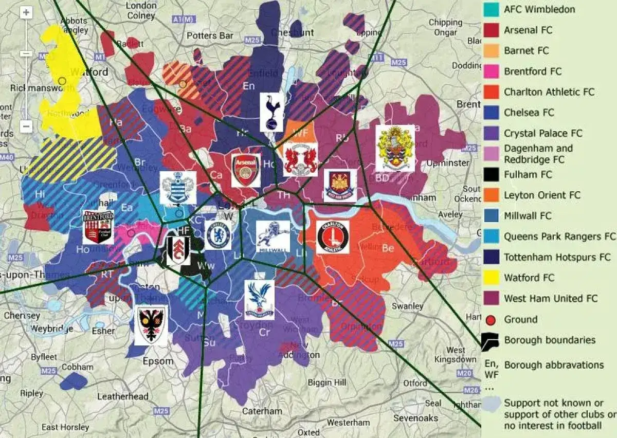 Mapa Londynu z zaznaczonymi strefami wpływów klubów piłkarskich z Londynu.