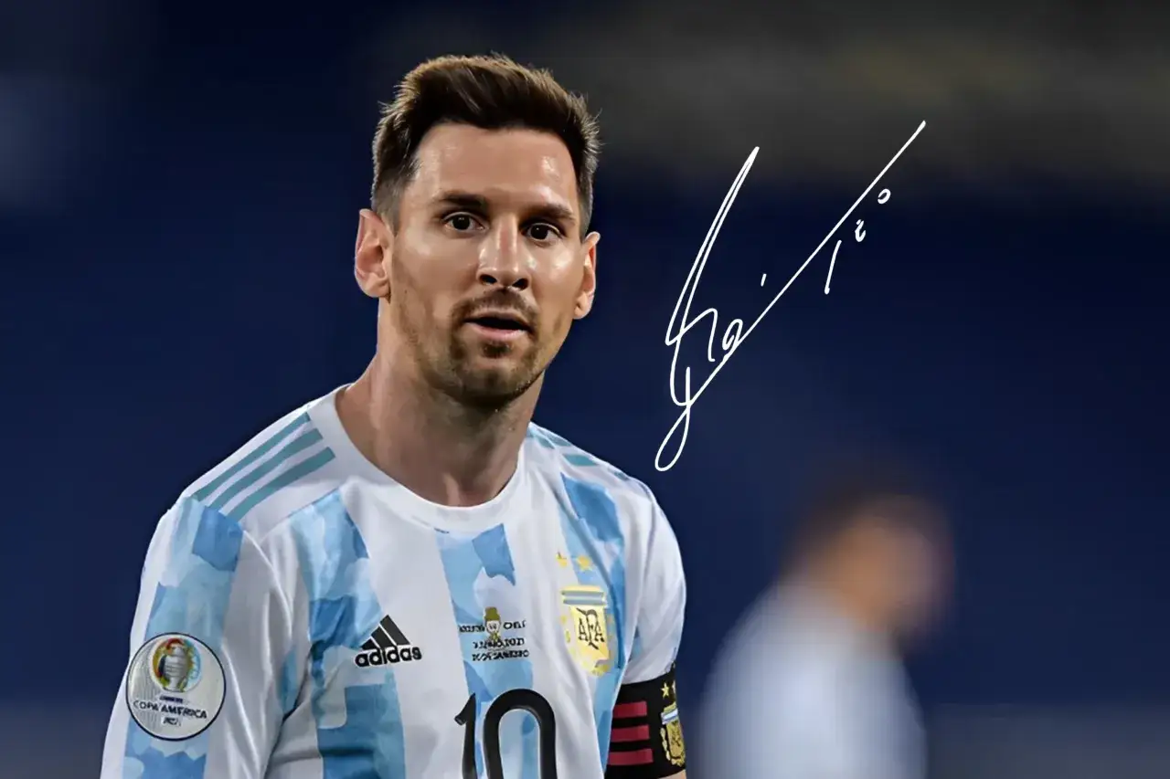 Piłkarz w koszulce Argentyny, z podpisem. Wszyscy wiedzą, jak ma na imię Messi.