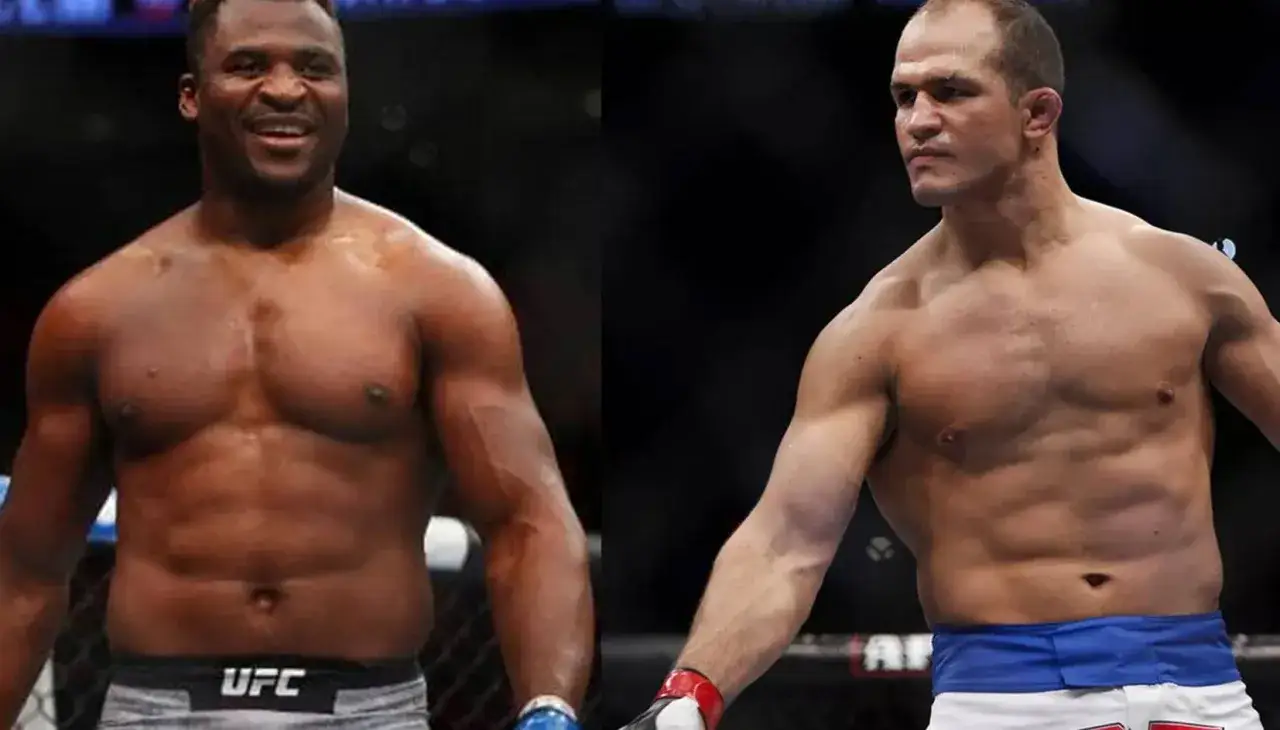 Francis Ngannou i Junior dos Santos, dwaj potężni wojownicy MMA, gotowi do walki.