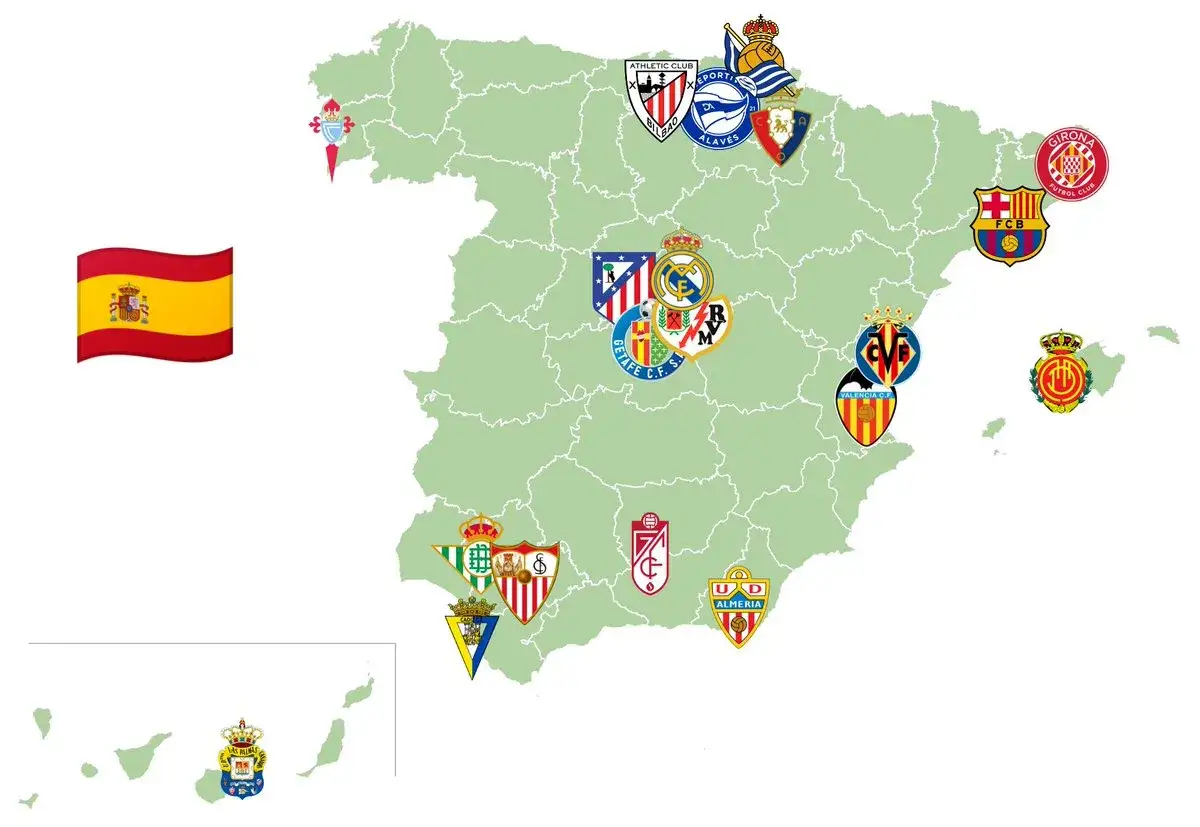Mapa Hiszpanii z herbami klubów piłkarskich. Zobacz, gdzie grają znane kluby hiszpańskie, od Madrytu po Barcelonę i dalej.