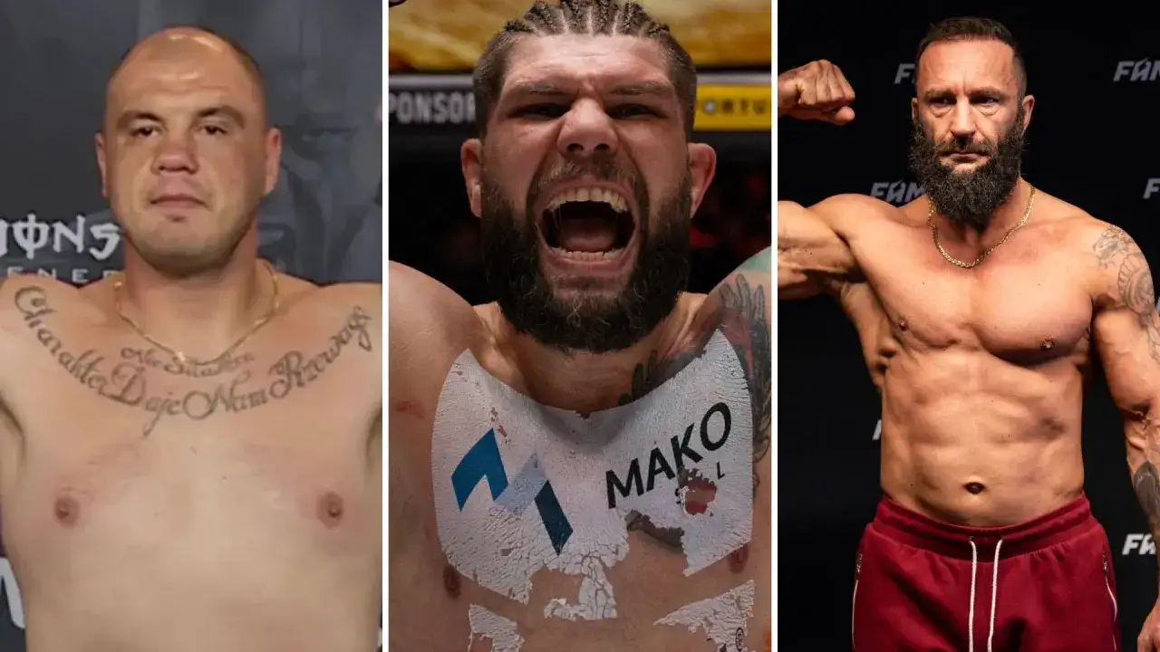 Trzech zawodników MMA prezentuje swoje sylwetki, gotowi do walki w różnych kategorie wagowe mma.