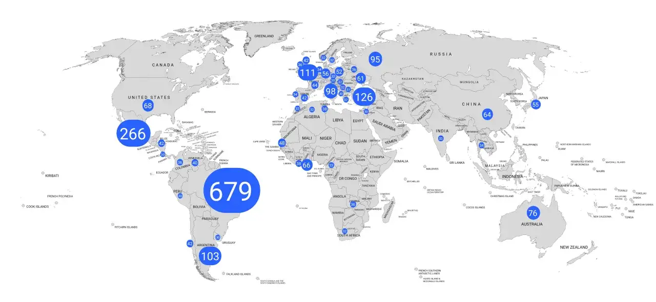Mapa świata z liczbami wskazującymi, ile jest klubów piłkarskich na świecie. Najwięcej w Brazylii (679), USA (266) i Wielkiej Brytanii (126).