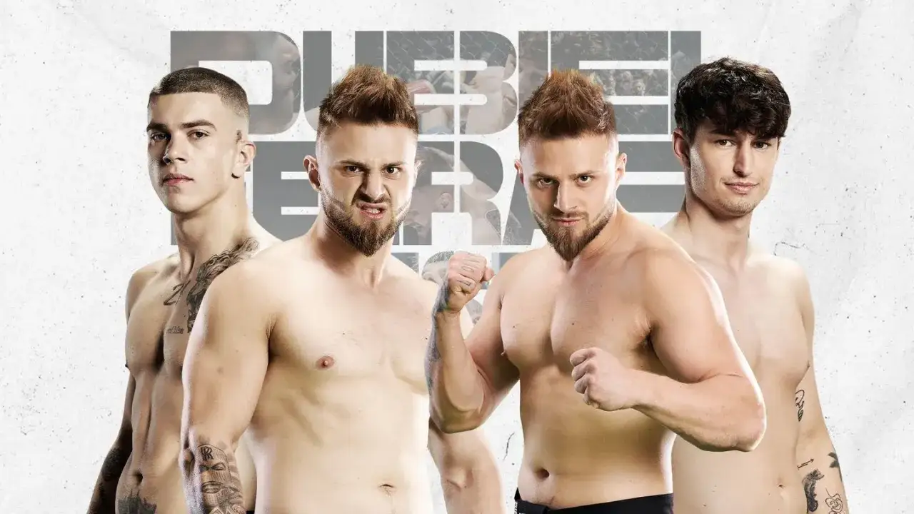 Czterech zawodników MMA na białym tle, z widocznymi tatuażami.