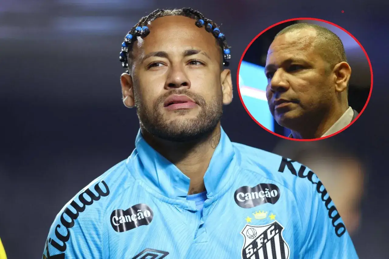 Neymar Jr. w niebieskiej koszulce Santos, obok wizerunek Neymara Seniora.